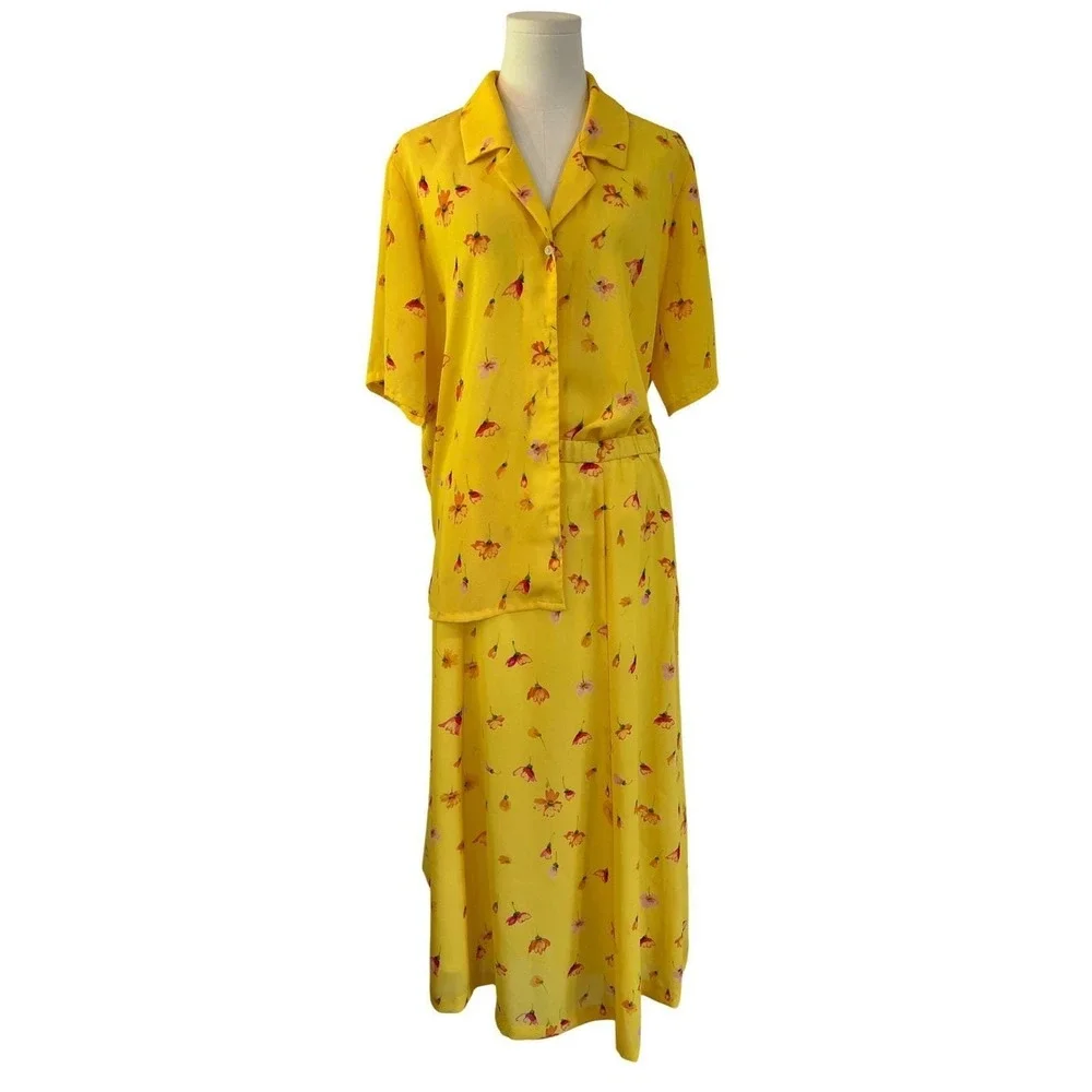 Vintage Pendleton Yellow Floral Matching Set Top Skirt Button Front USA 12/14